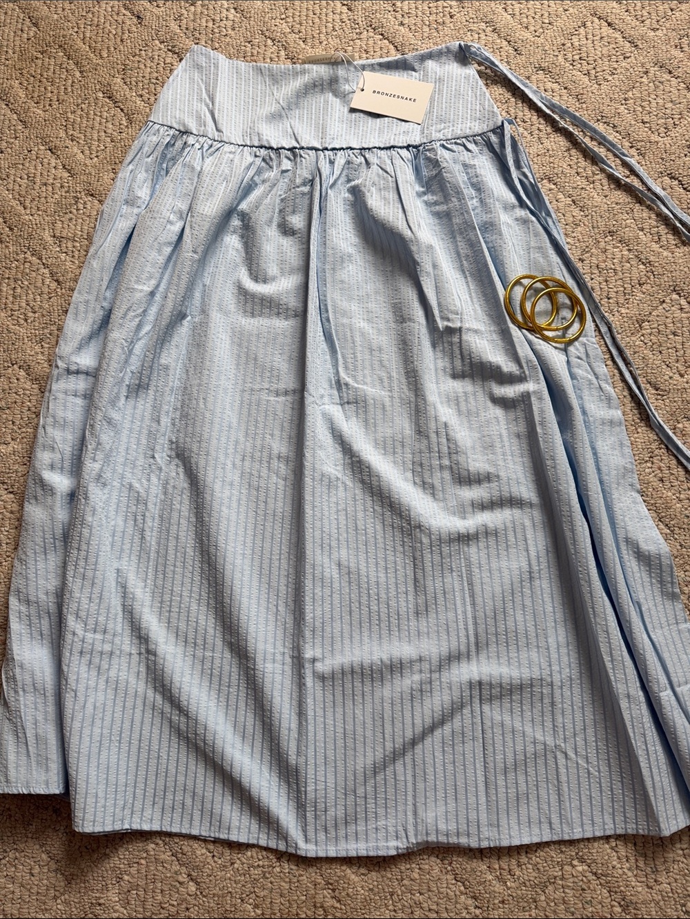 Light Blue Striped A-Line Long Skirt with Waist Ties